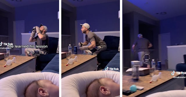 This dad went to great lengths to make sure he didn't wake up his newborn baby while watching the Da...