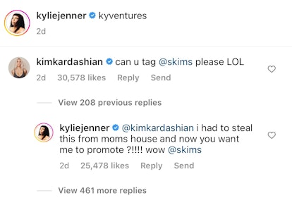 Kim Kardashian commented on Kylie Jenner's post looking for a Skims tag. Screenshot via Instagram / ...