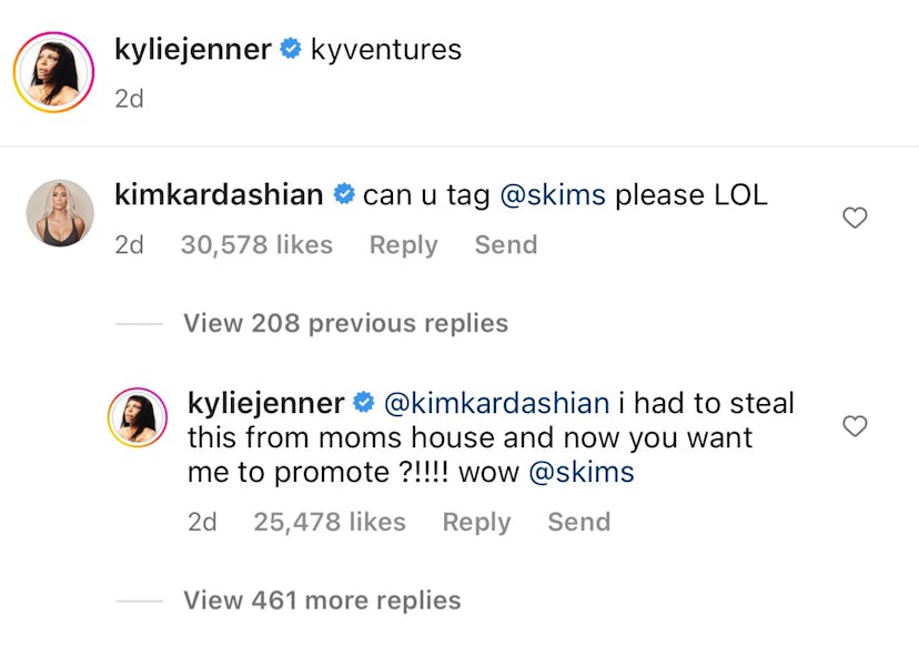 Kim Kardashian commented on Kylie Jenner’s post looking for a Skims tag. Screenshot via Instagram / …