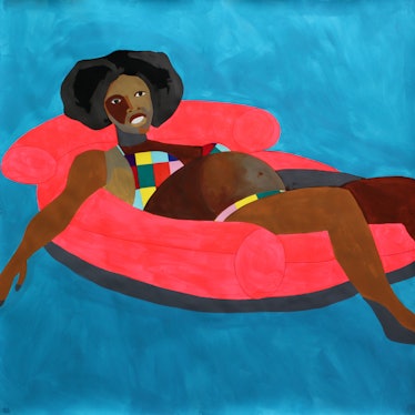 a painting by derrick adams of a woman floating on a red inner tube