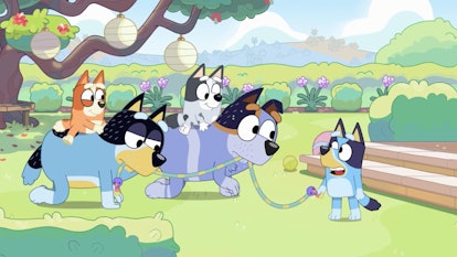 Bandit, Stripe, Bingo, Muffin, and Bluey in "Horsey Ride," one of the worst games featured on 'Bluey...