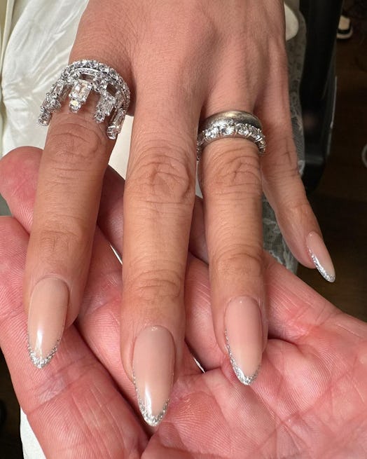 Jennifer Lopez silver sparkly French tip manicure
