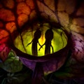 The outline of two small salamanders reflect inside of a pitcher plant, they are illuminated by a li...