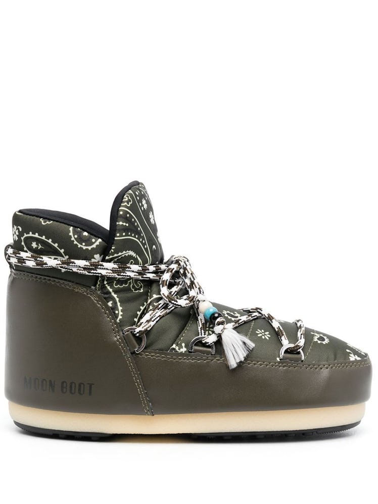 Alanui x Moon Boot green bandana-print snow boots