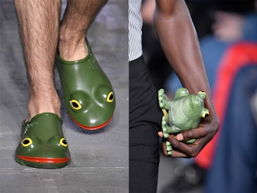 a diptych of JW Anderson rubber frog shaped clogs and a frog shaped clutch, as seen on the runway