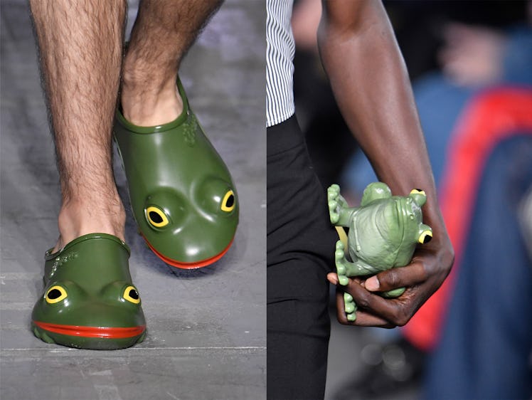 a diptych of JW Anderson rubber frog shaped clogs and a frog shaped clutch, as seen on the runway