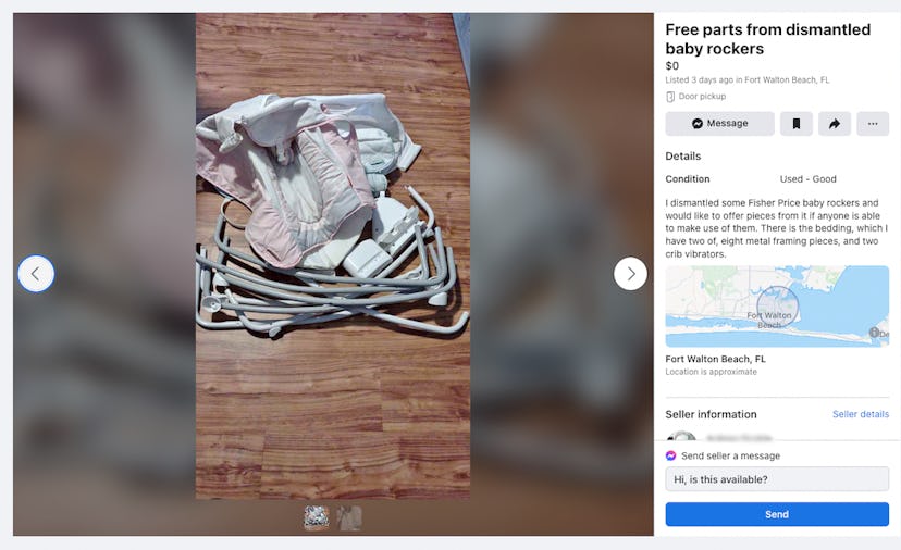 "free parts from dismantled baby rockers." facebook marketplace post of recalled rock 'n play