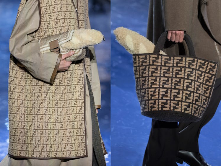 a diptych of fendi menswear looks featuring shearling baguettes