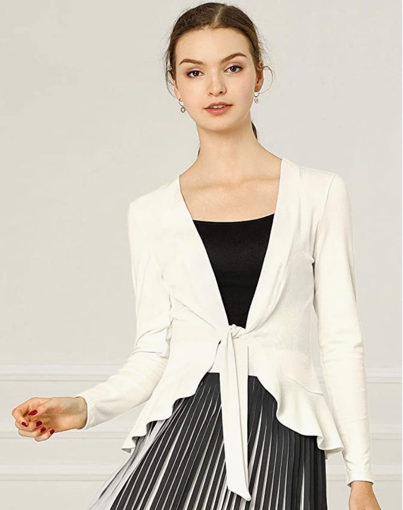 Allegra K Tie Front Metallic Ruffled Cardigan