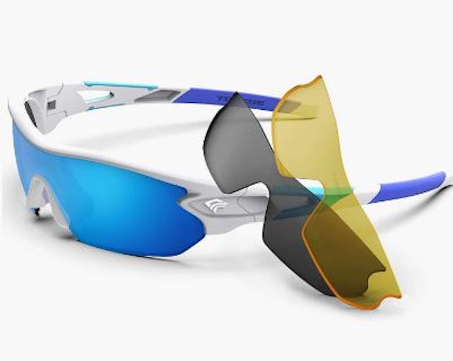 These sunglasses for snow sports feature interchangeable lenses with a mirrored, polarized, and nigh...