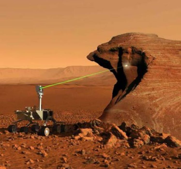 This artist’s illustration shows MSL Curiosity firing its ChemCam laser at a rocky outcropping. If M...