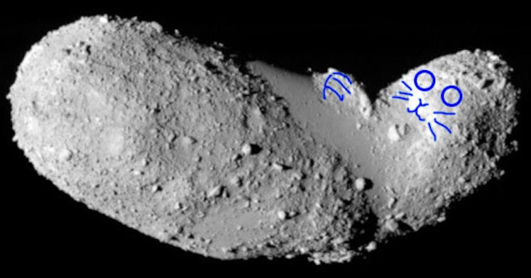Asteroid Itokawa is shaped like a sea otter. Science communicator Emily Lakdawalla drew a face and h...