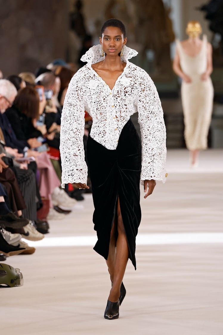 A model walks the runway during the Schiaparelli Haute Couture Spring Summer 2023 show as part of Pa...