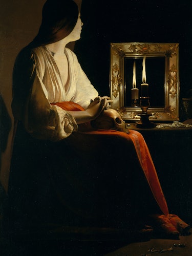 a painting by caravaggio featuring a woman with a candle in front of a mirror