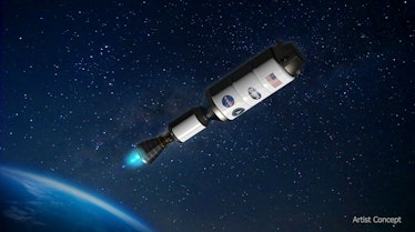 color image of a rocket in space, with blue glowing exhaust coming out its rear nozzle