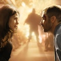 Michelle Monaghan and Jake Gyllenhaal look at each other during an explosion in Source Code
