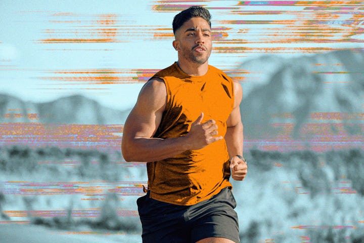 A man burning 1000 calories by running in a no-holds-barred workout.