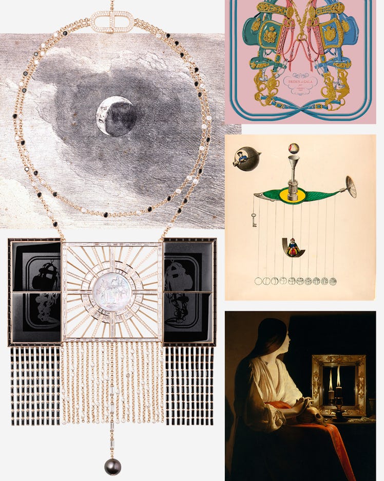 a collage of imagery that is related to the hermes lumiere necklace