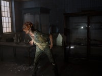 A Clicker stands in a dimly lit room in The Last of Us Episode 2