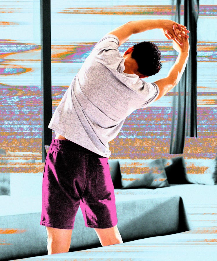 A man doing the best morning stretches for men, putting his hands over his head and leaning to his s...