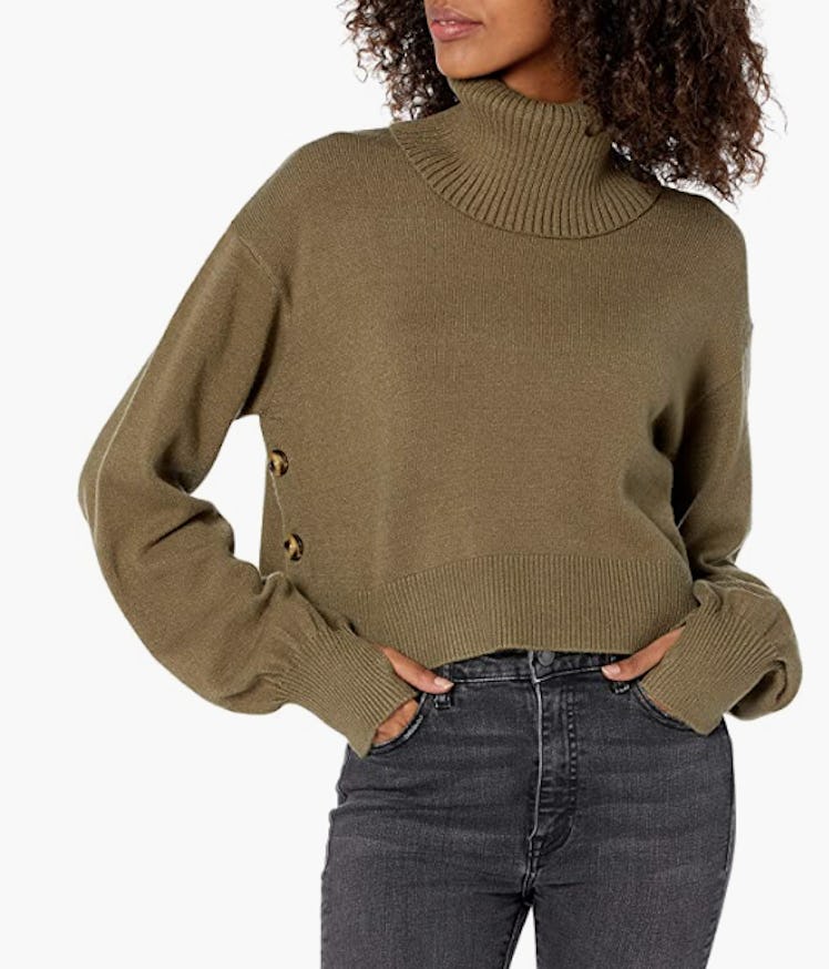 The Drop Side Button Cropped Turtleneck Sweater