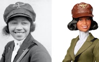 A photograph of "Queen" Bessie Coleman next to a Barbie doll of her likeness.