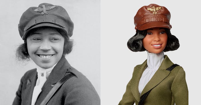 A photograph of "Queen" Bessie Coleman next to a Barbie doll of her likeness.