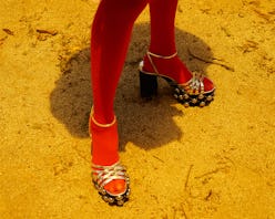 Open-toe shoes and tights look: Rebecca Dennett