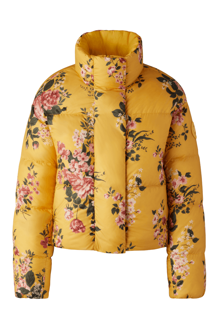 Canada Goose x Reformation yellow floral print reversible puffer jacket