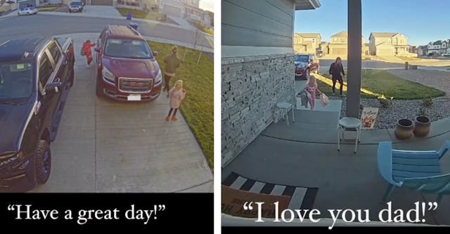 Two little girls send heartwarming messages to their dad via a home security camera.