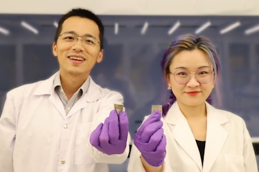 Yifan Wang and co-author Hailu Wang holding squares of the artificial skin. 
