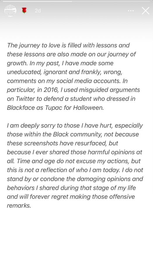 Bachelor Nation's Greer Blizter apologized on Instagram for defending Blackface