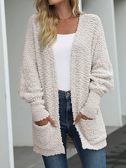 MEROKEETY Fuzzy Popcorn Batwing Sleeve Cardigan