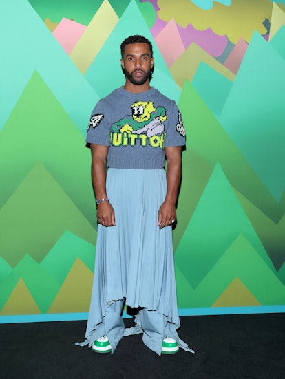 Emily In Paris' Star Lucien Laviscount Ditches His Suits for a Baby Blue  Skirt at Paris Fashion Week