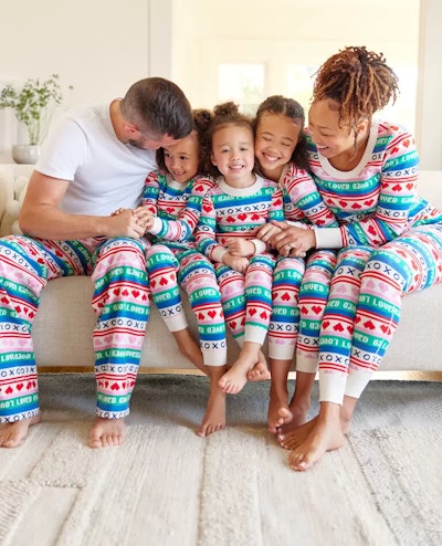 family in Valentine's pajamas
