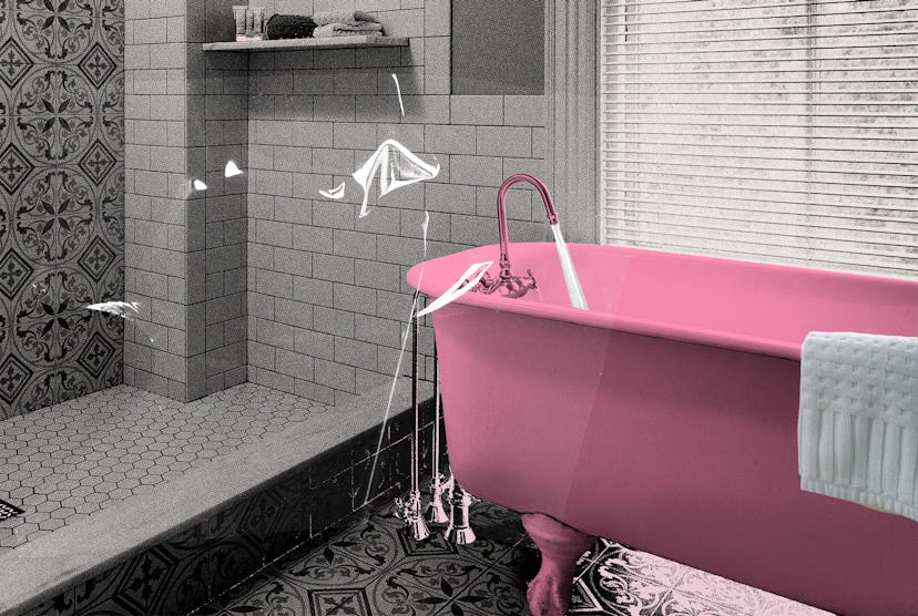 Bathtub and shower in bright bathroom with vintage style, Captain Nickels Inn, Maine