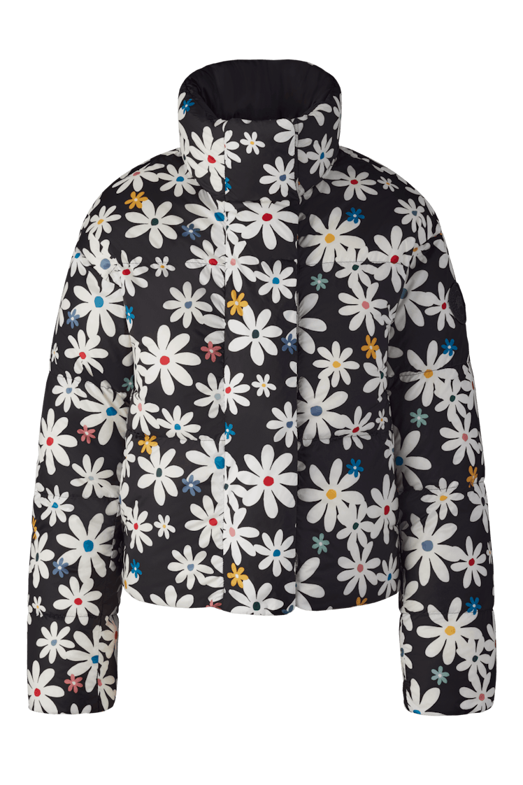 Canada Goose x Reformation black daisy print reversible puffer jacket