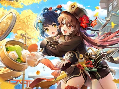 Zhongli usrkává čaj, zatímco Hu Tao objetí xiangling