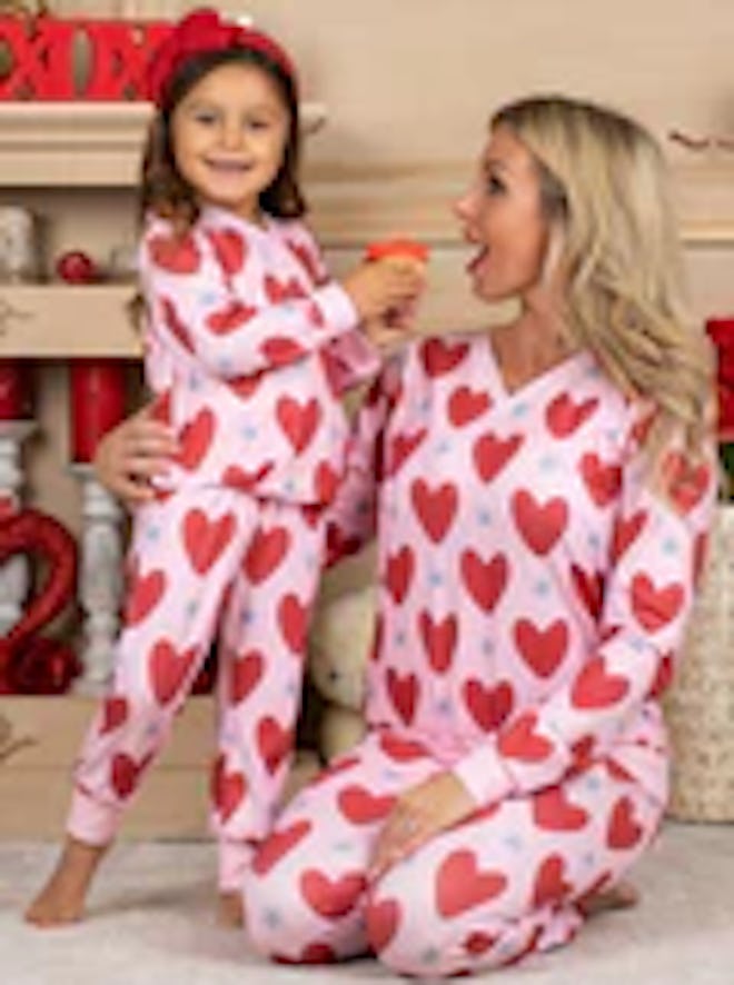 mom and daughter in Valentine Day pajamas