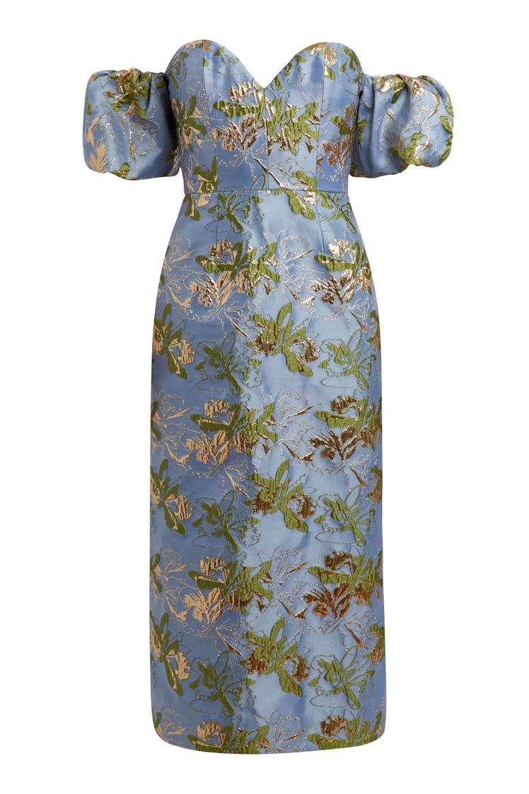 Markarian blue and gold floral off-the-shoulder dress
