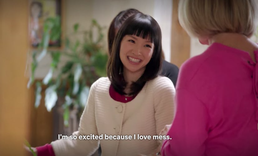 Marie Kondo smiling saying "I'm so excited because I love mess."
