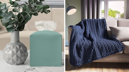 A composition featuring a cover for a tissue box made of leather and a thickly knitted blanket that ...