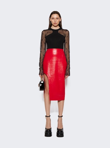 Midi Slit Leather Skirt Red