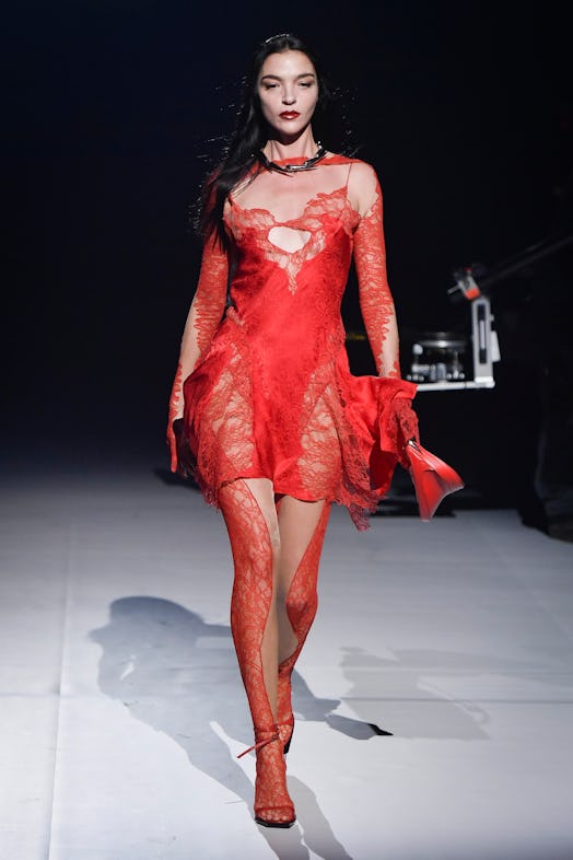 Mariacarla Boscono walks the runway during the Mugler Ready to Wear Fall/Winter 2023-2024 fashion sh...