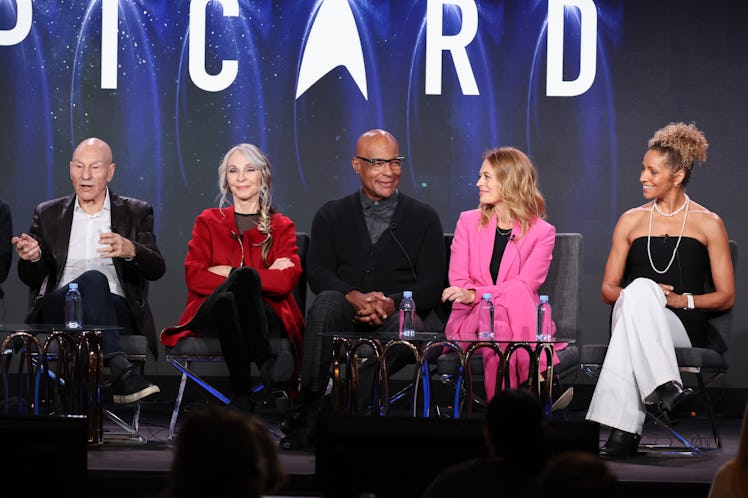 Patrick Stewart, Gates McFadden, Michael Dorn, Jeri Ryan, and Michelle Hurd speak on stage during TC...