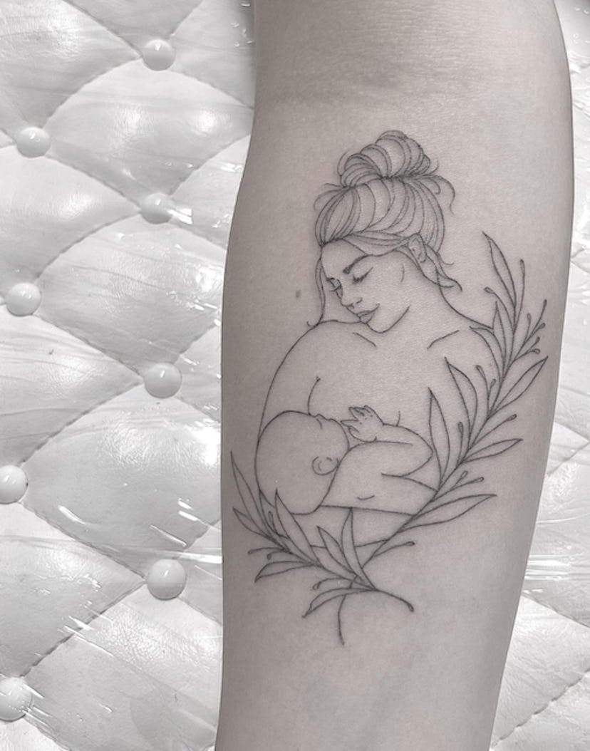 One breastfeeding tattoo idea to consider is a simple, but realistic outline.