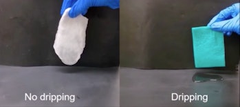 An image of a commercial cloth compared to the new hydrogel and their ability to absorb liquid.
