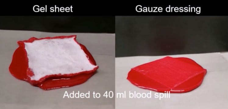 The gel sheet compared to a gauze dressing in absorbing blood.