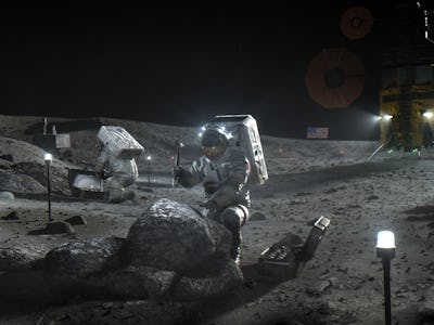 Artist's impression of astronauts on the lunar surface, as part of the Artemis Program. Lunar explor...