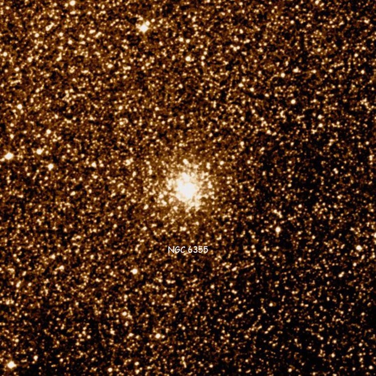 Image of a bright ball of stars surrounded by a less dense starscape in orange, yellow, and white.
